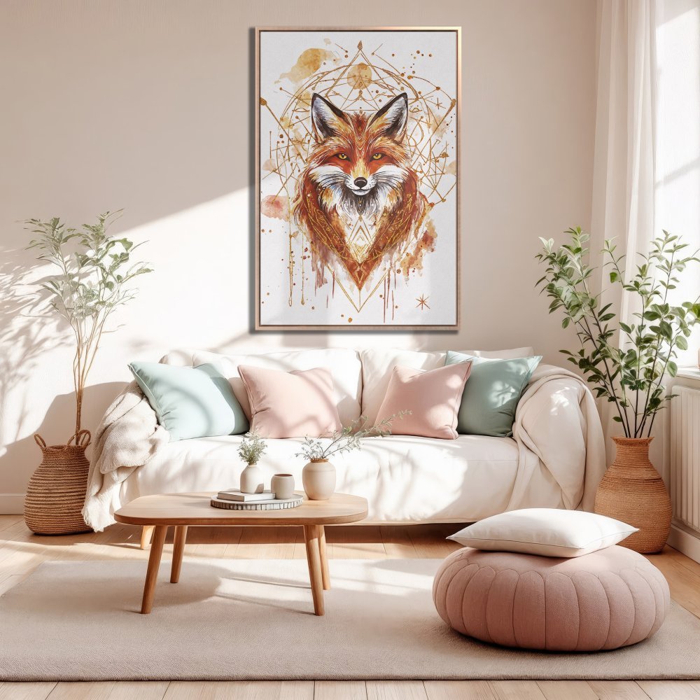 Framed Wall Art: Watercolor fox print in warm orange & gold tones. Perfect for adding a touch of boho style to your living room.