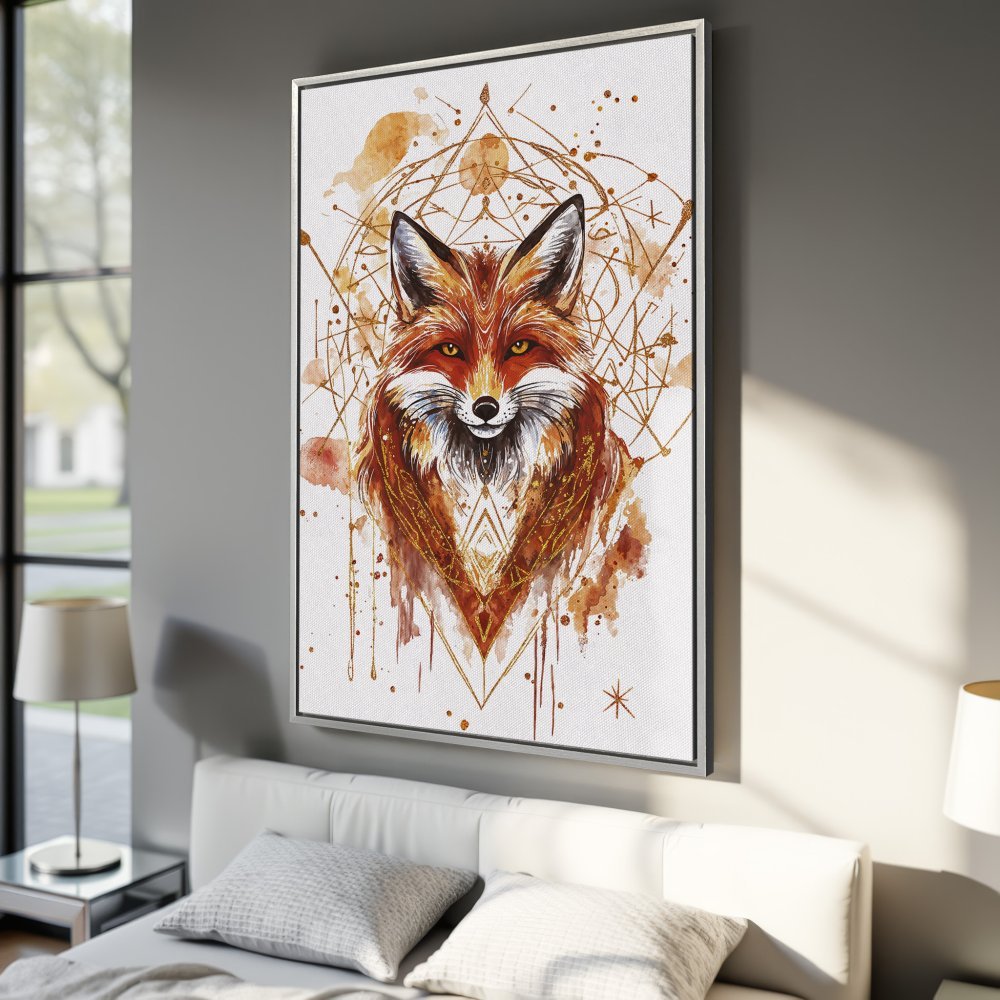 Framed Wall Art featuring a majestic fox watercolor painting in warm orange and gold tones, perfect for modern home decor.