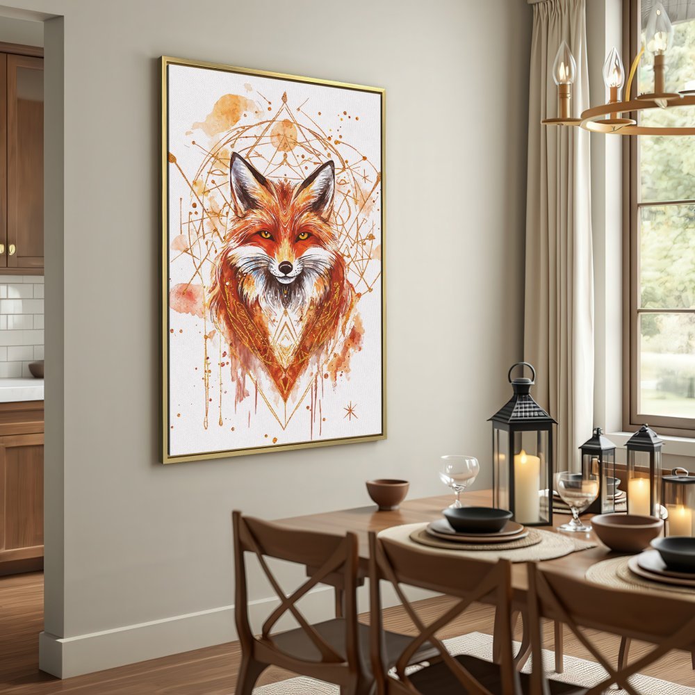 Canvas Print of a watercolor fox with geometric gold accents. Warm orange and brown tones. Perfect wall art for any room.