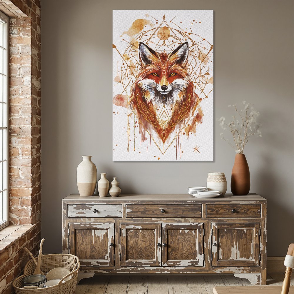 Framed Wall Art: Watercolor fox portrait in warm orange & gold tones. Modern, boho style. Perfect for dining room decor.