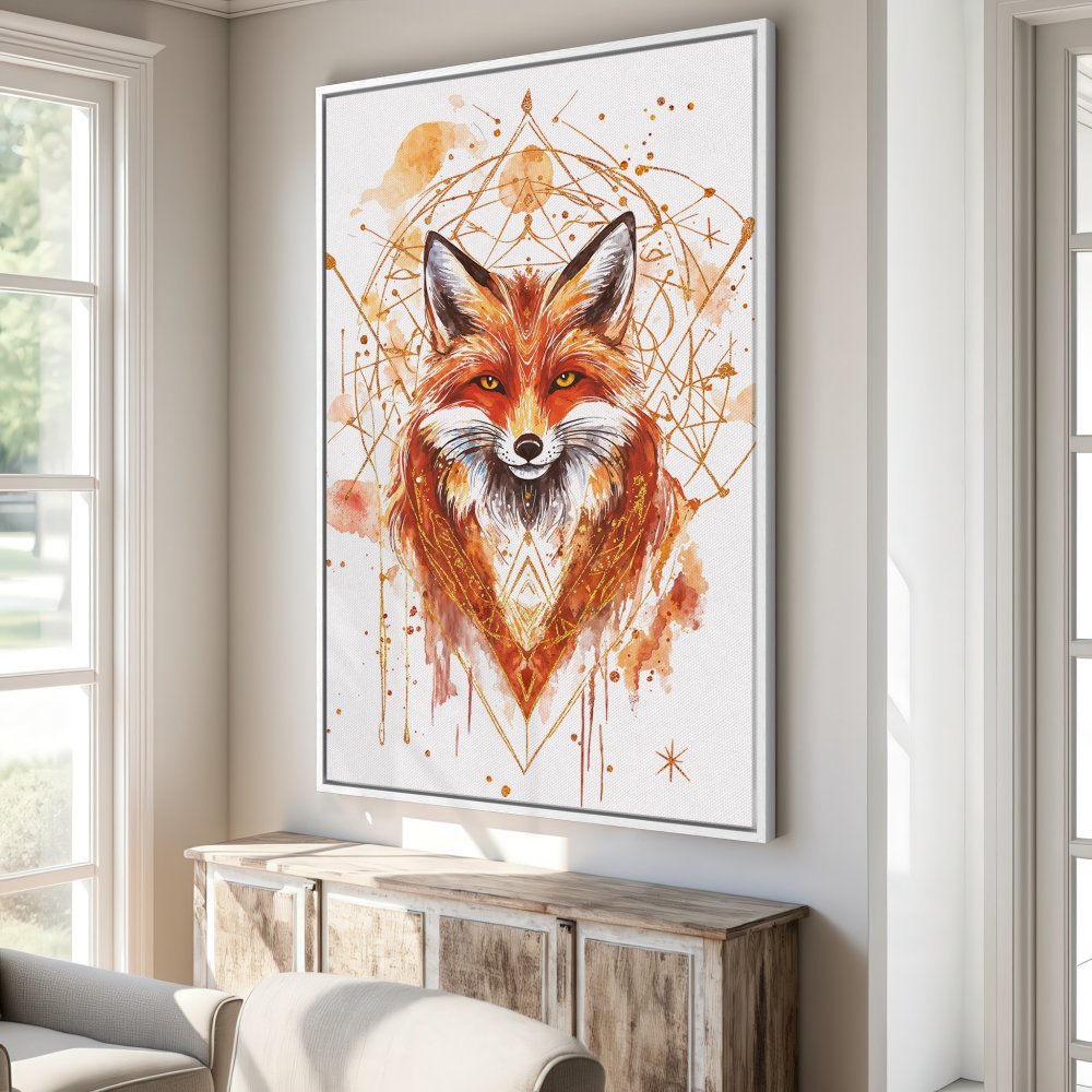 Framed Wall Art: Watercolor fox portrait in warm orange and gold tones. Perfect for adding artistic flair to your home decor.