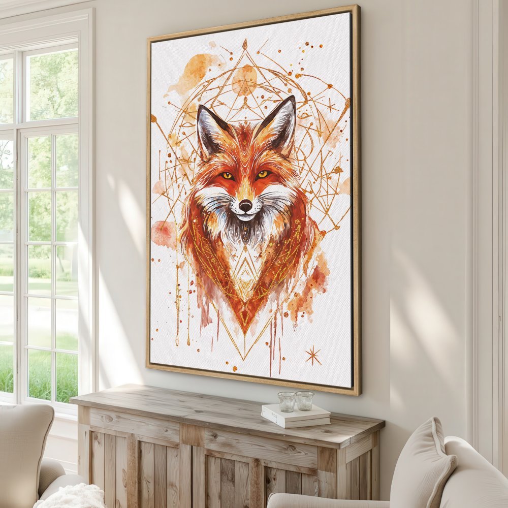 Framed Wall Art: Watercolor fox portrait in warm orange hues. Modern, geometric design for stylish home decor. Canvas Print.