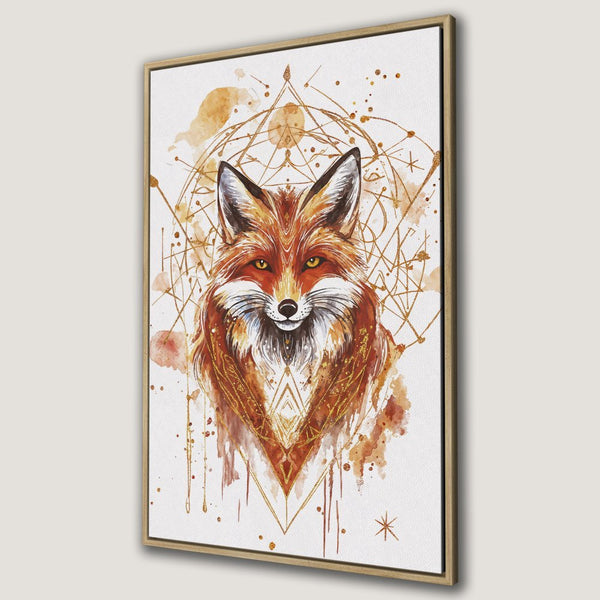Framed Wall Art: Watercolor fox portrait in warm orange and gold tones. Perfect for adding a touch of boho chic to your home decor.