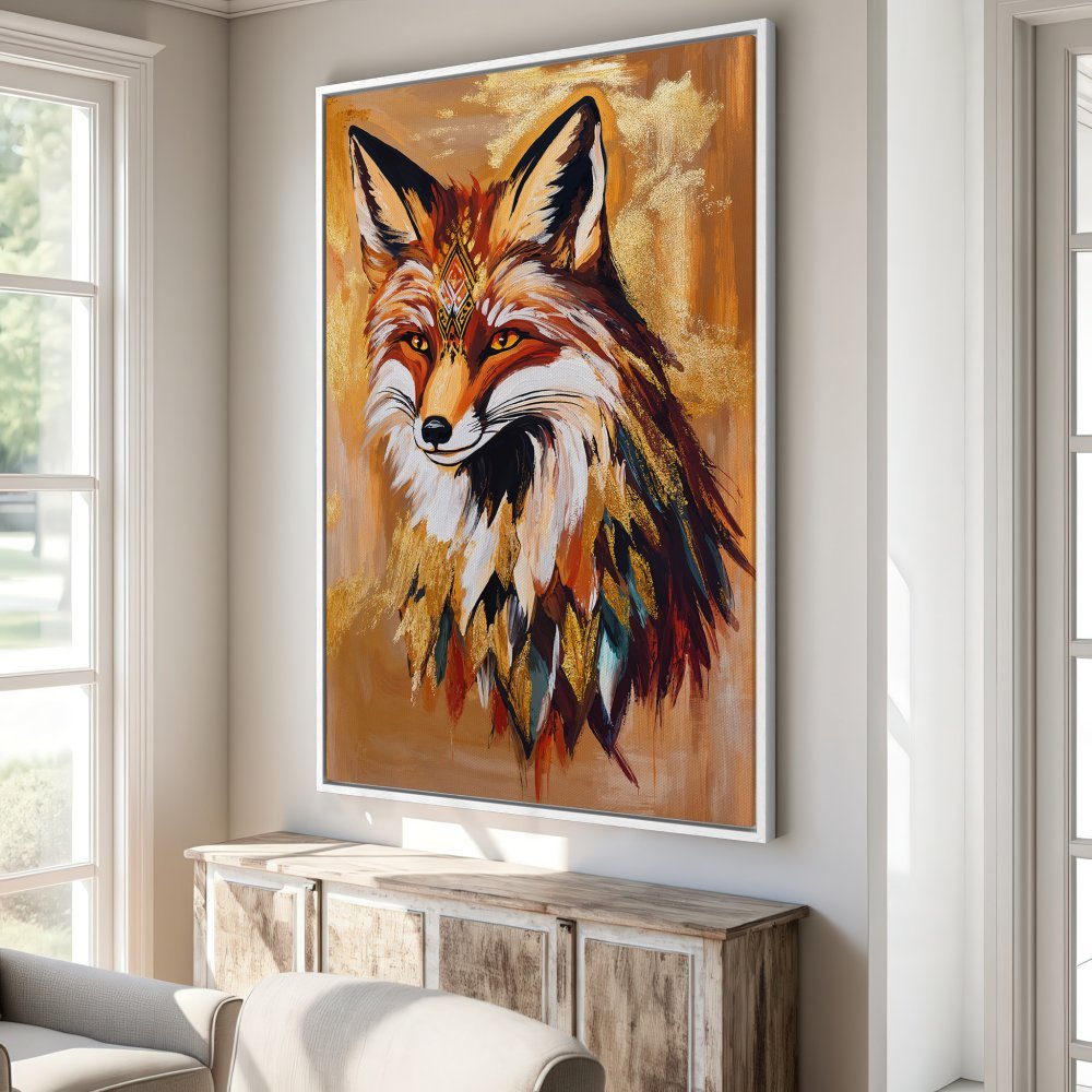 Framed Wall Art featuring a majestic fox. Stunning abstract style with warm orange, gold, and brown tones. Perfect for adding a touch of nature to your home.