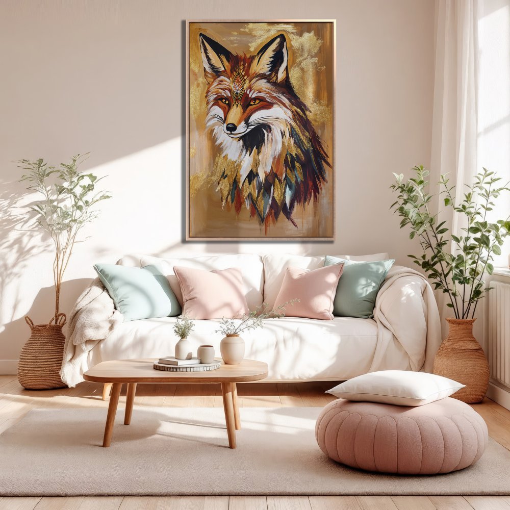 Framed Wall Art: Majestic fox portrait in warm earth tones. Bohemian style Canvas Print adds elegance to any living room.