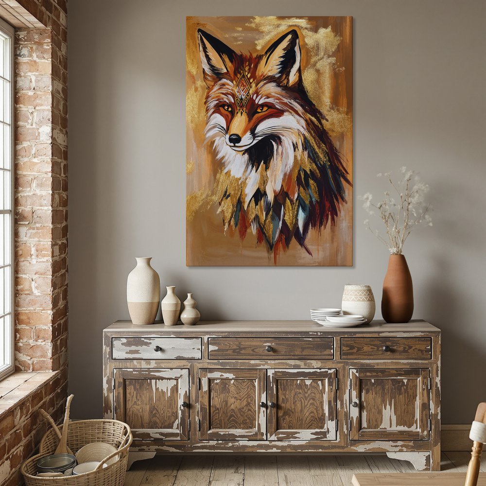 Framed Wall Art: Majestic fox portrait in warm orange & gold tones. Add a touch of boho style to your home with this stunning canvas print.