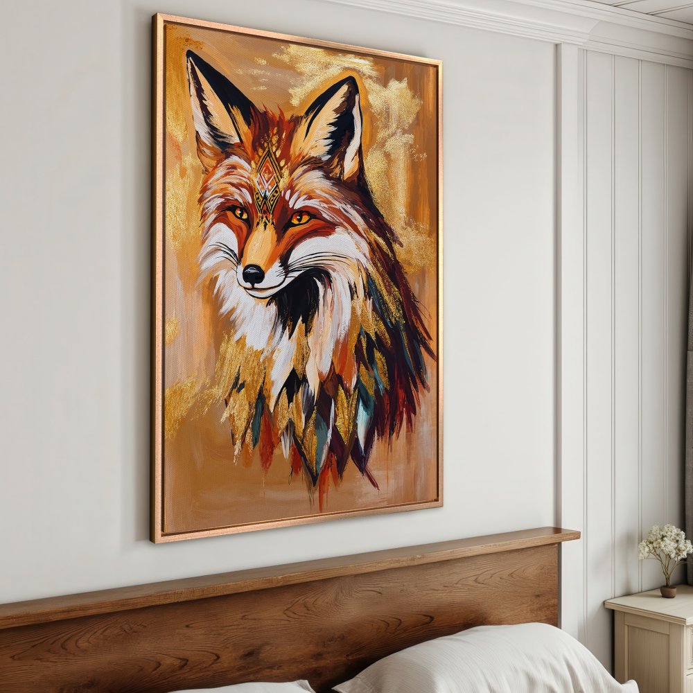 Framed Wall Art: Majestic fox painting in warm orange, gold, and brown tones. Add a touch of bohemian style to your home with this canvas print.