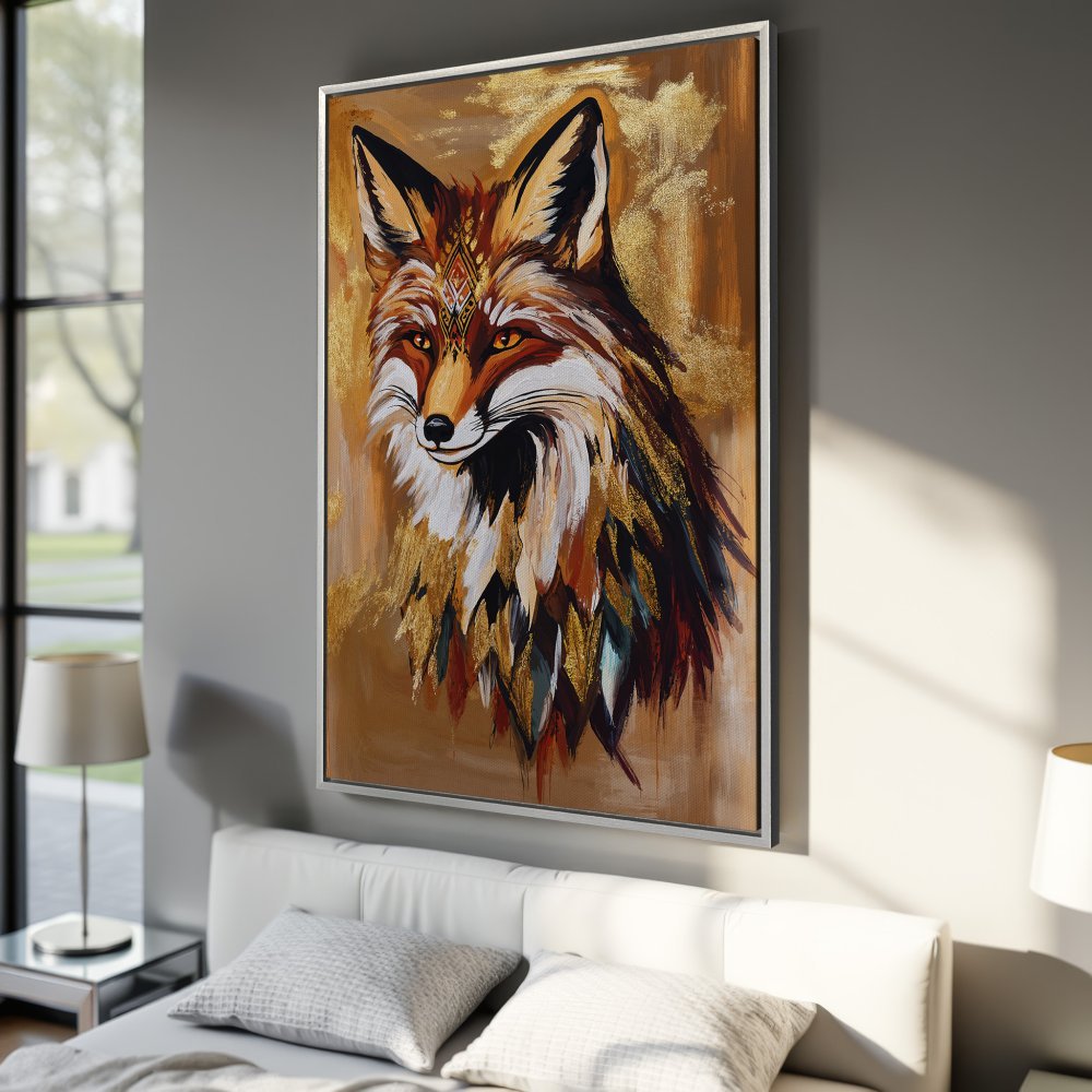 Framed Wall Art: Majestic fox portrait in warm earth tones with gold accents. Add a touch of boho elegance to your space!