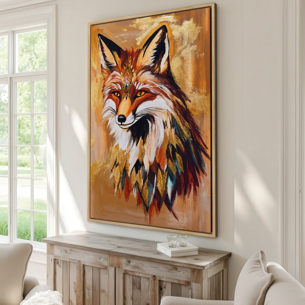 Framed Wall Art: Majestic fox portrait in warm orange and gold tones. Add a touch of bohemian style to your home decor.