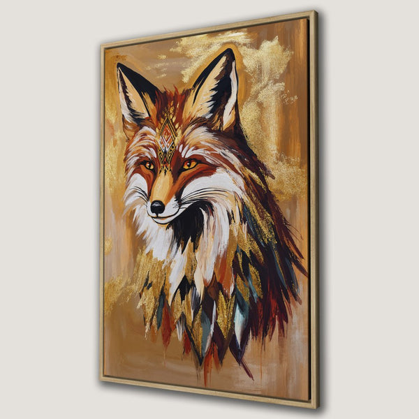 Framed Wall Art: Majestic fox portrait in warm earth tones and gold accents. Add a touch of elegance to your home with this stunning Canvas Print.