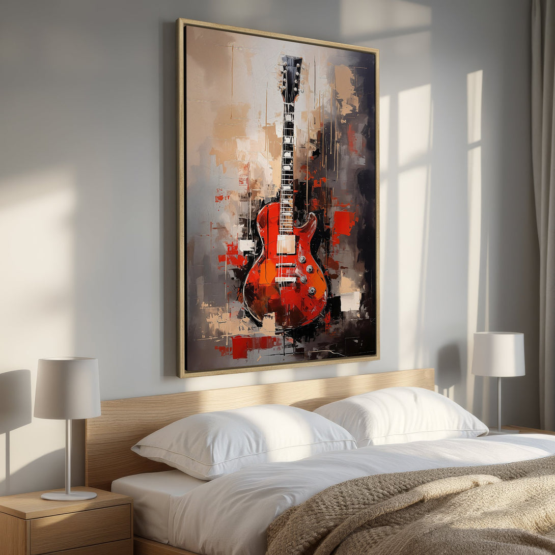 Framed Wall Art: Abstract red guitar painting. Modern style with neutral & warm tones. Perfect bedroom decor! Add musical flair to your space.