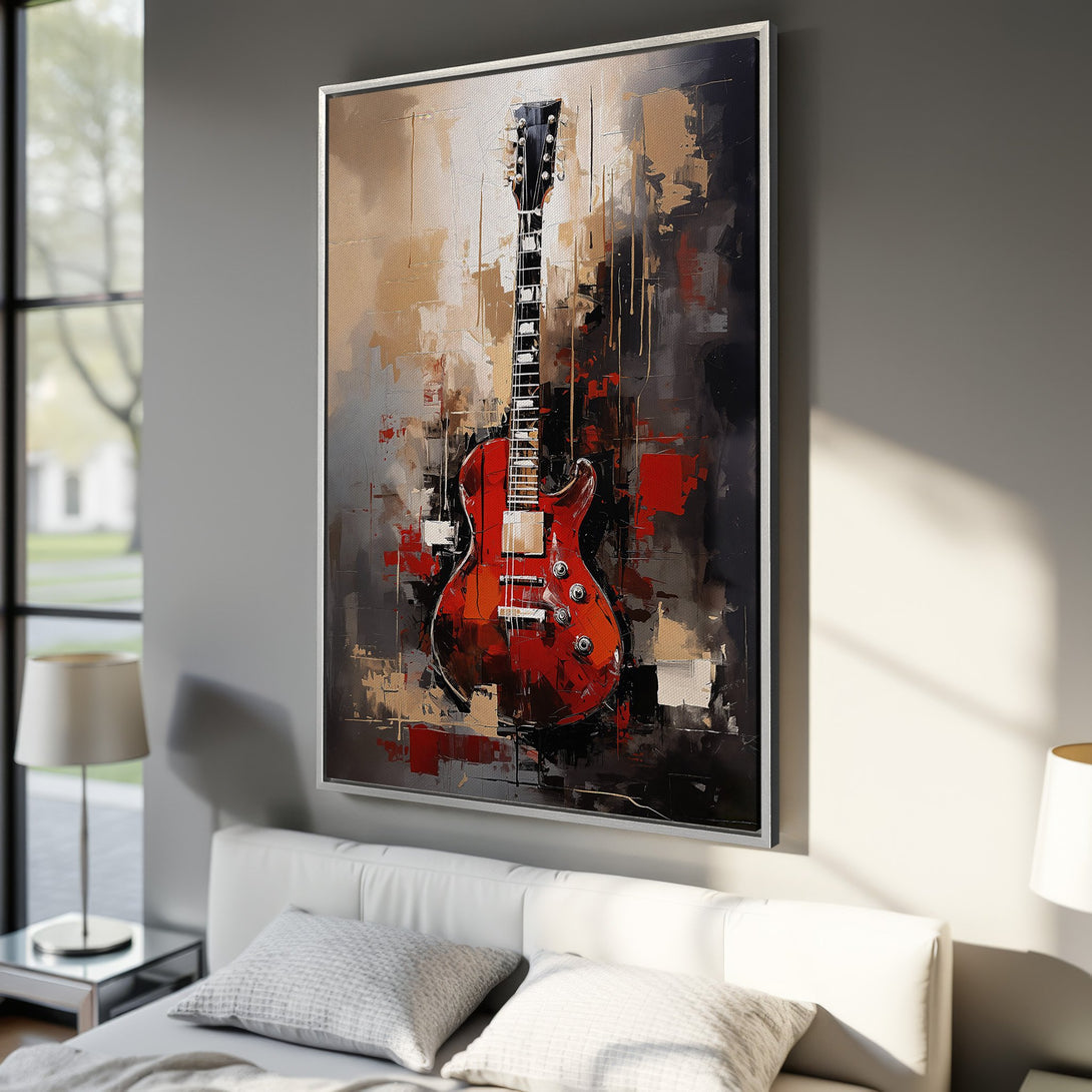 Framed Wall Art: Abstract guitar painting in red, black, and gold. Modern art canvas print for bedroom, living room decor. Add a touch of music to your space!