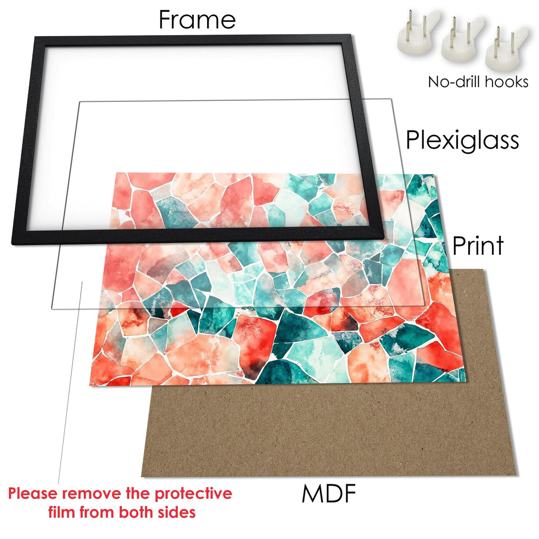 Framed Poster featuring a watercolor abstract design in coral, teal, and white. Modern art for your home!