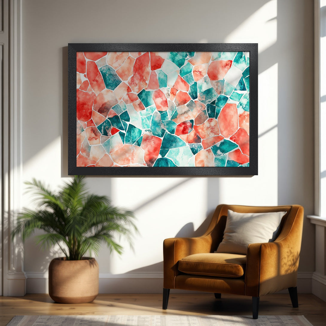 Framed Poster featuring abstract watercolor art in coral and teal hues. Perfect wall decor to elevate your space!