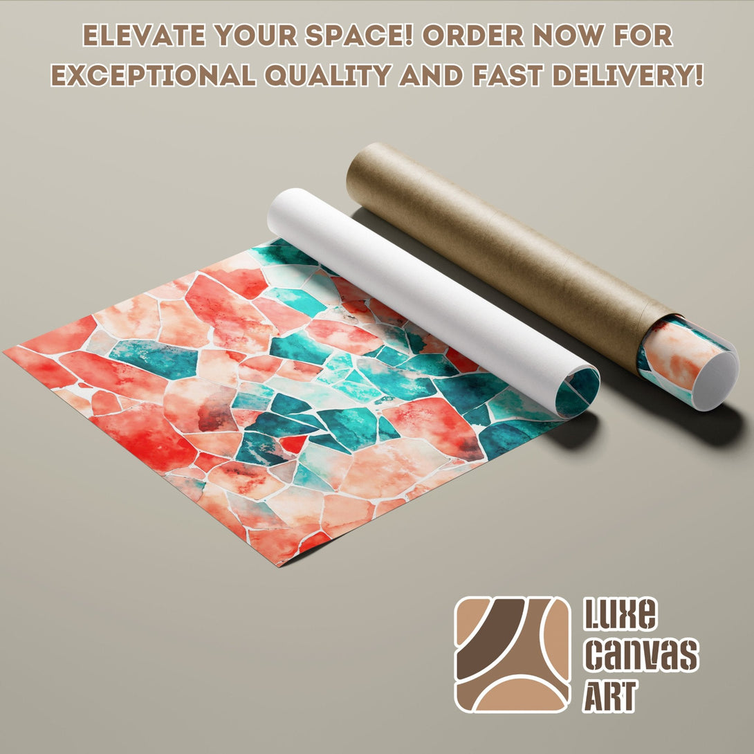 Abstract art Poster Roll with watercolor style, featuring red, teal, and beige colors. Elevate your space!