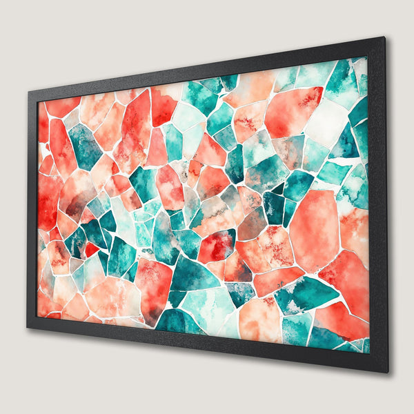 Framed Poster featuring a watercolor mosaic design in coral, teal, and white. Add artful style to your space!