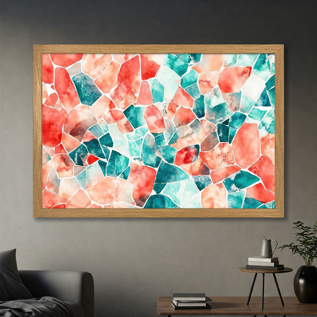 Framed Poster featuring abstract watercolor art in coral, teal, and white. Modern wall art for home decor, adds a pop of color and style.