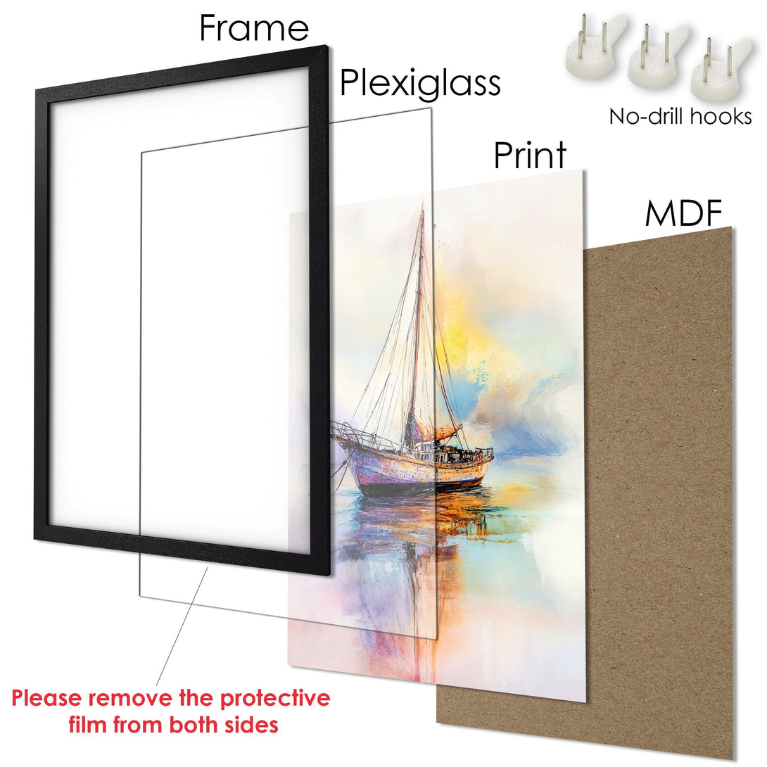 Framed Poster featuring a sailboat painting in a vibrant, colorful palette. Perfect wall art!