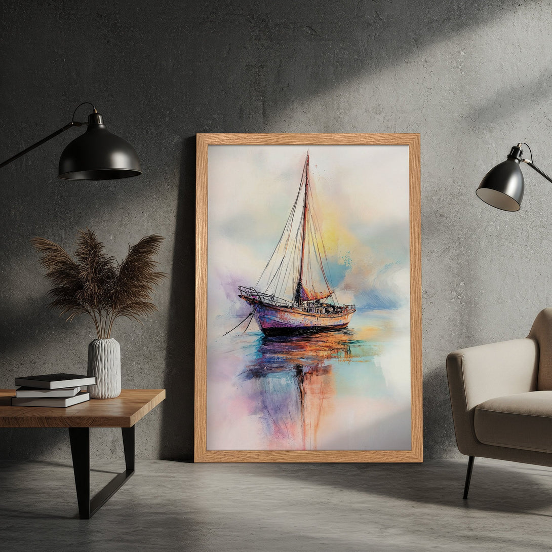 Framed Poster featuring a sailboat in an impressionistic style with a colorful, vibrant palette. Perfect wall art for your home!