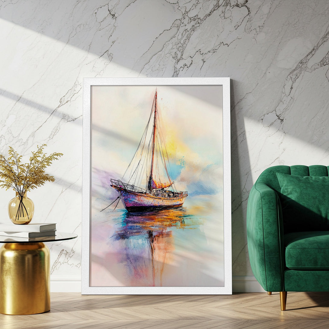 Framed Poster of a sailboat in watercolor style, featuring a vibrant palette of blues, purples, and oranges. Perfect wall art!