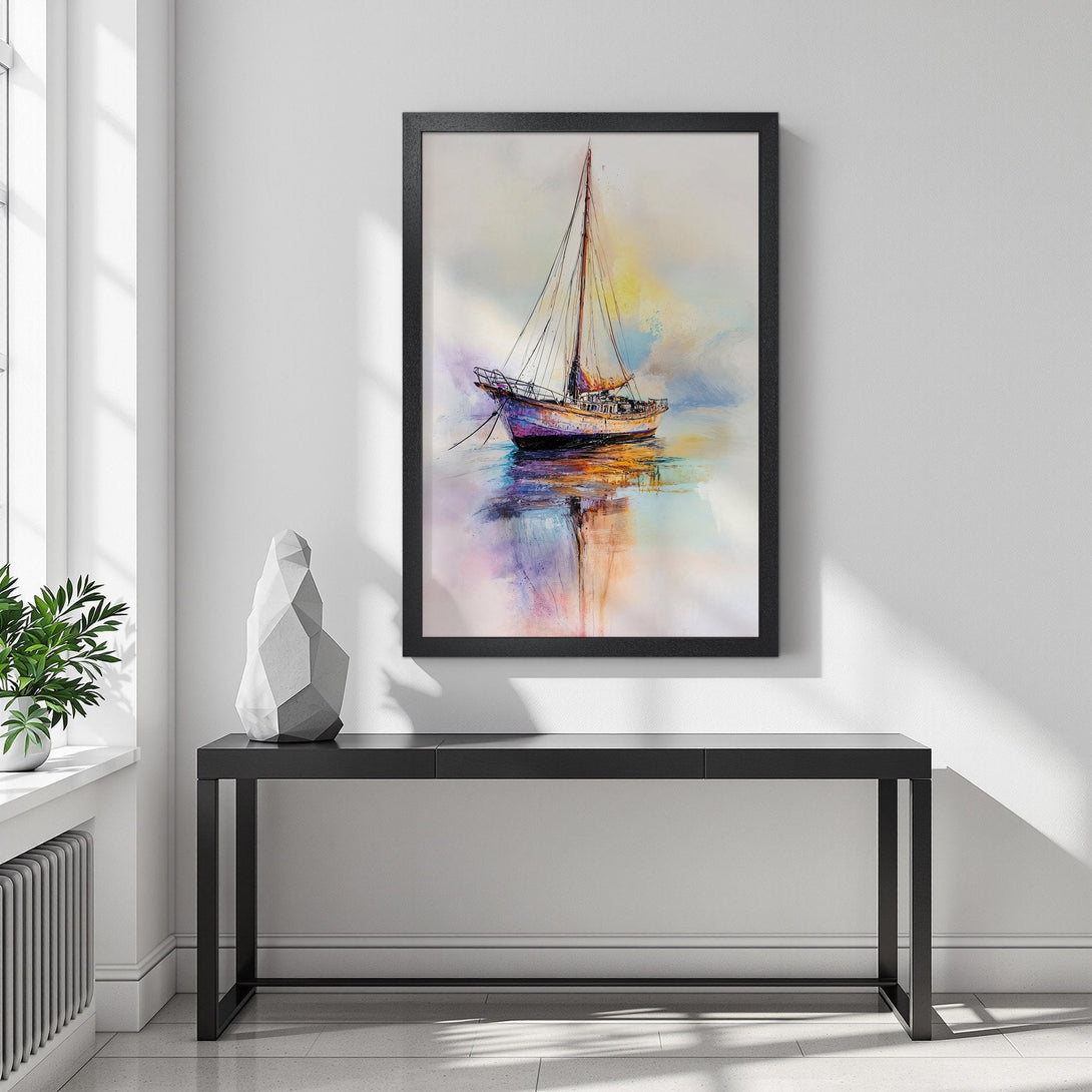 Framed Poster of a sailboat in impressionist style. Features a colorful palette of blues, purples, and yellows. Perfect wall art!