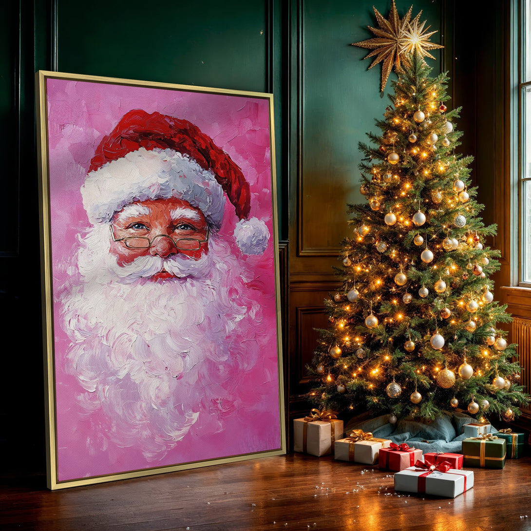 Canvas Print of Santa Claus portrait in pink and red, impressionist style, perfect Christmas wall art.