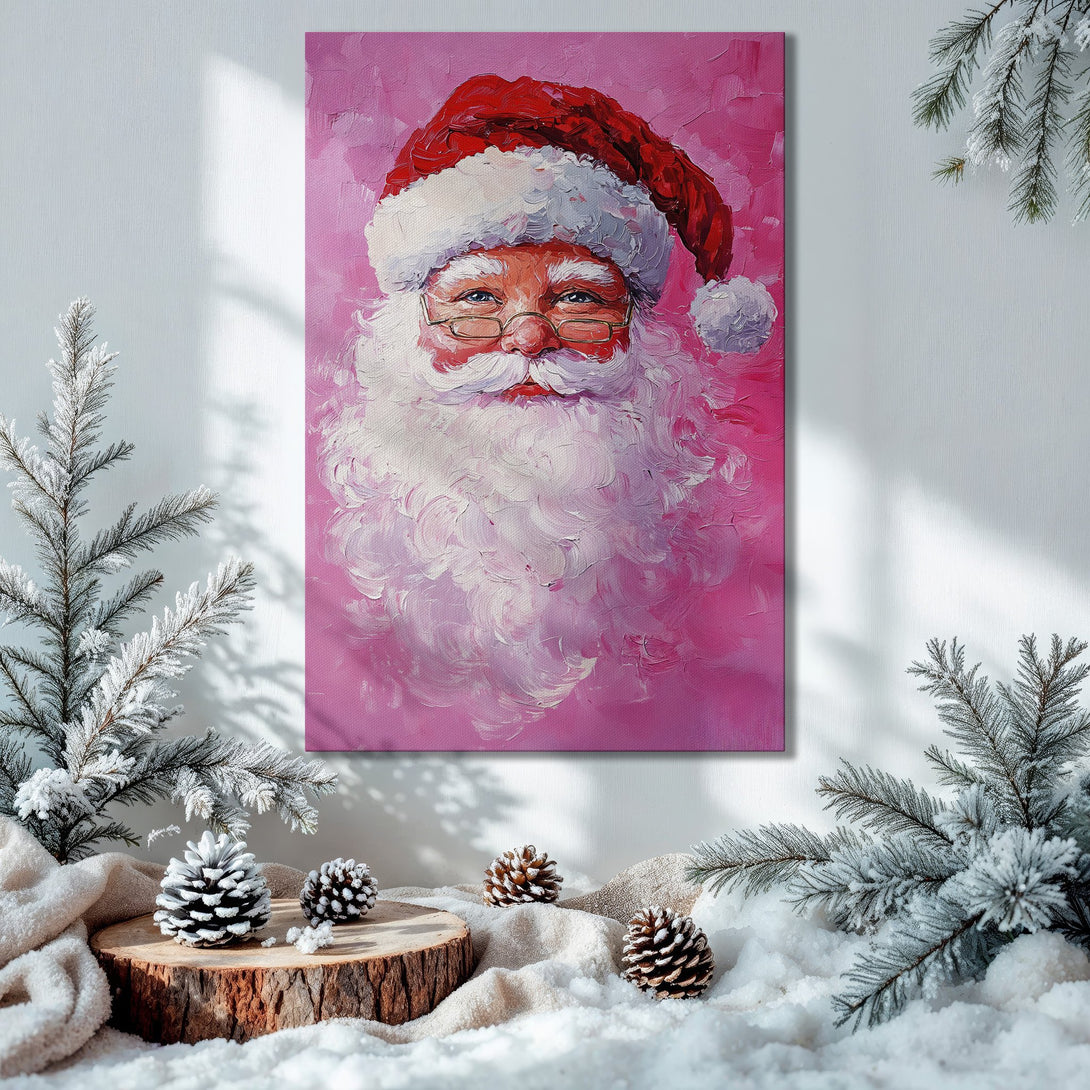 Framed Wall Art: Santa Claus portrait in pink palette, perfect for Christmas decor. Festive artwork with gold frame, ready to hang.