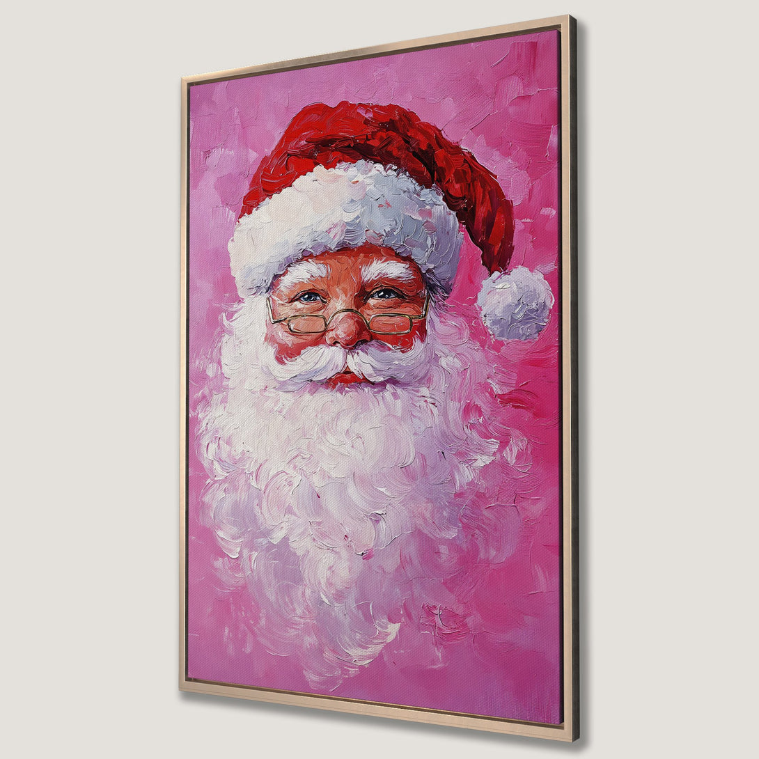 Framed Wall Art featuring a vibrant Santa Claus portrait in a painterly style with a pink and red color palette. Perfect Christmas decor!