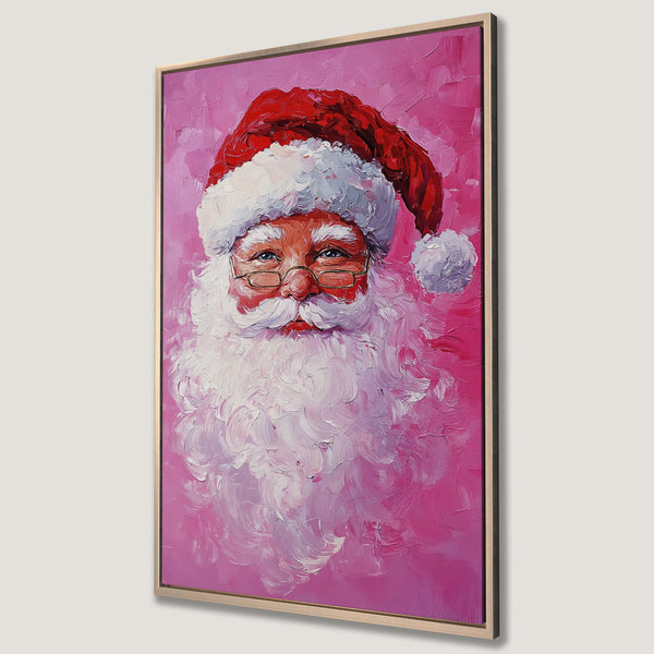 Framed Wall Art featuring a vibrant Santa Claus portrait in a painterly style with a pink and red color palette. Perfect Christmas decor!
