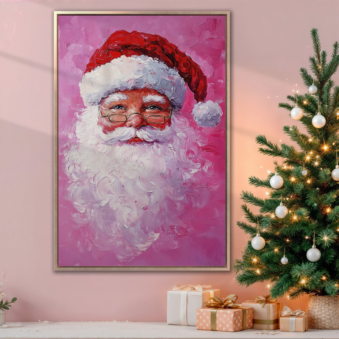 Framed Wall Art: Festive Santa Claus portrait in a pink and red color palette. Perfect holiday decor for your home! Shop now!
