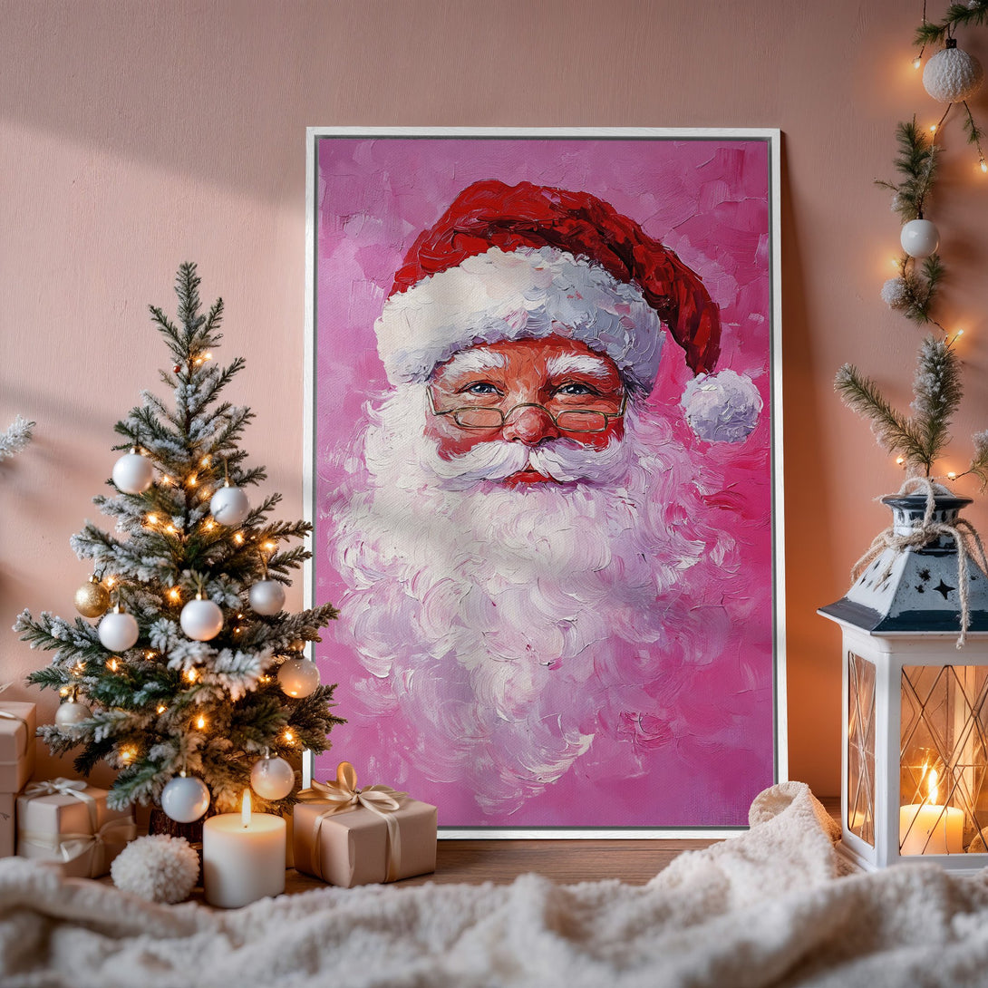 Framed Wall Art of Santa Claus in a festive pink palette. Impasto style canvas print adds a touch of holiday cheer to any space. Shop now!