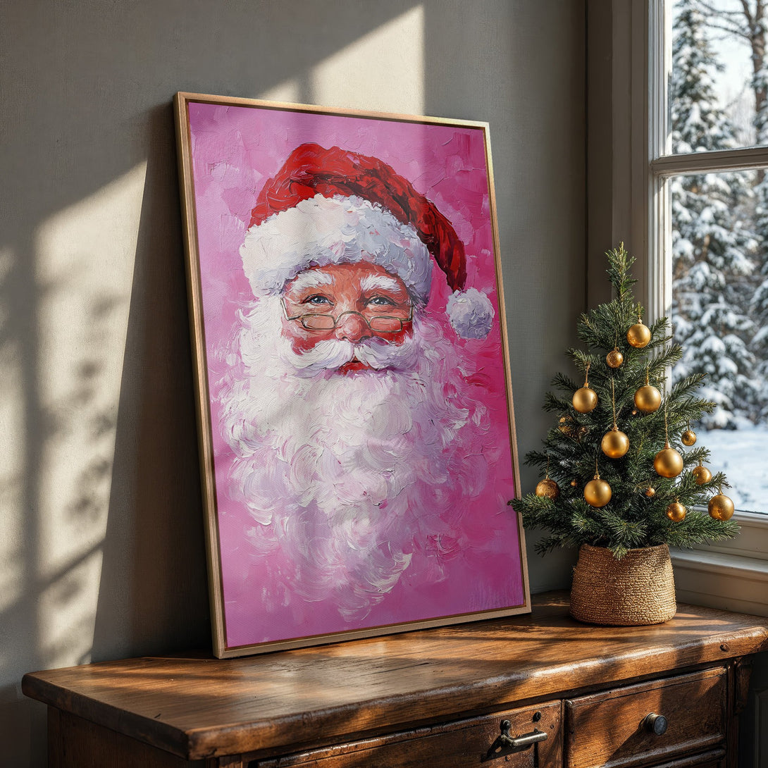 Framed Wall Art: Santa Claus portrait in a vibrant pink palette. Festive, impressionistic style perfect for Christmas decor. Add holiday cheer to your home!