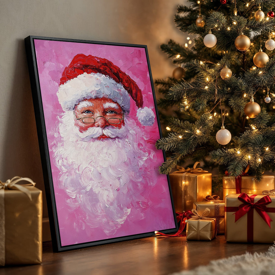 Framed Wall Art: Santa Claus painting in a festive interior. Vibrant pink, red, and white palette. Perfect Christmas decor!