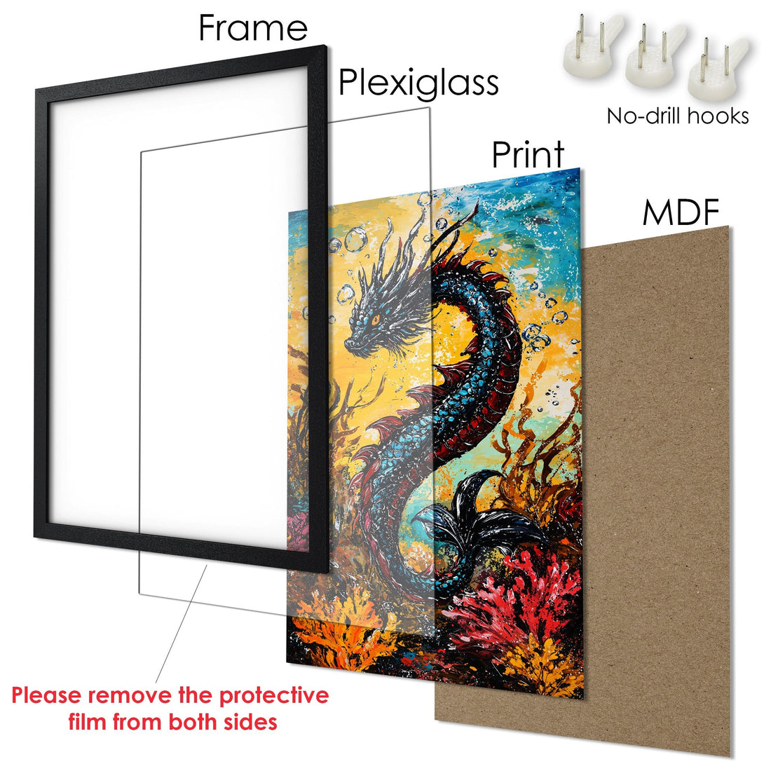 Framed Poster featuring a vibrant dragon art print. Bold, colorful artwork with a yellow, blue, and red palette. Ready to hang!