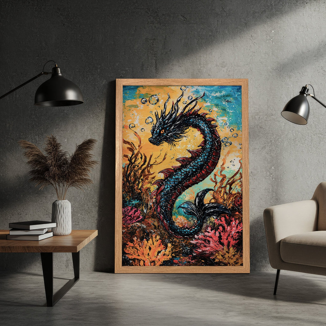 Framed Poster: Dragon art in vibrant colors. Bold, textured style with a colorful palette of blues, reds, and yellows. Perfect wall decor!