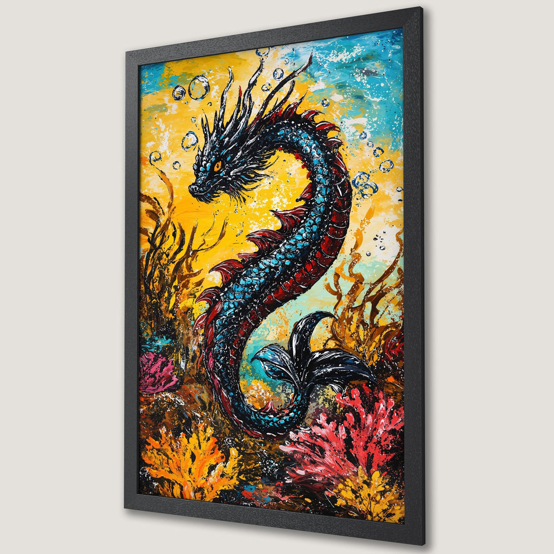 Framed Poster featuring a vibrant dragon underwater. Bold, abstract style with a yellow, blue, and red color palette. Perfect art for your wall!
