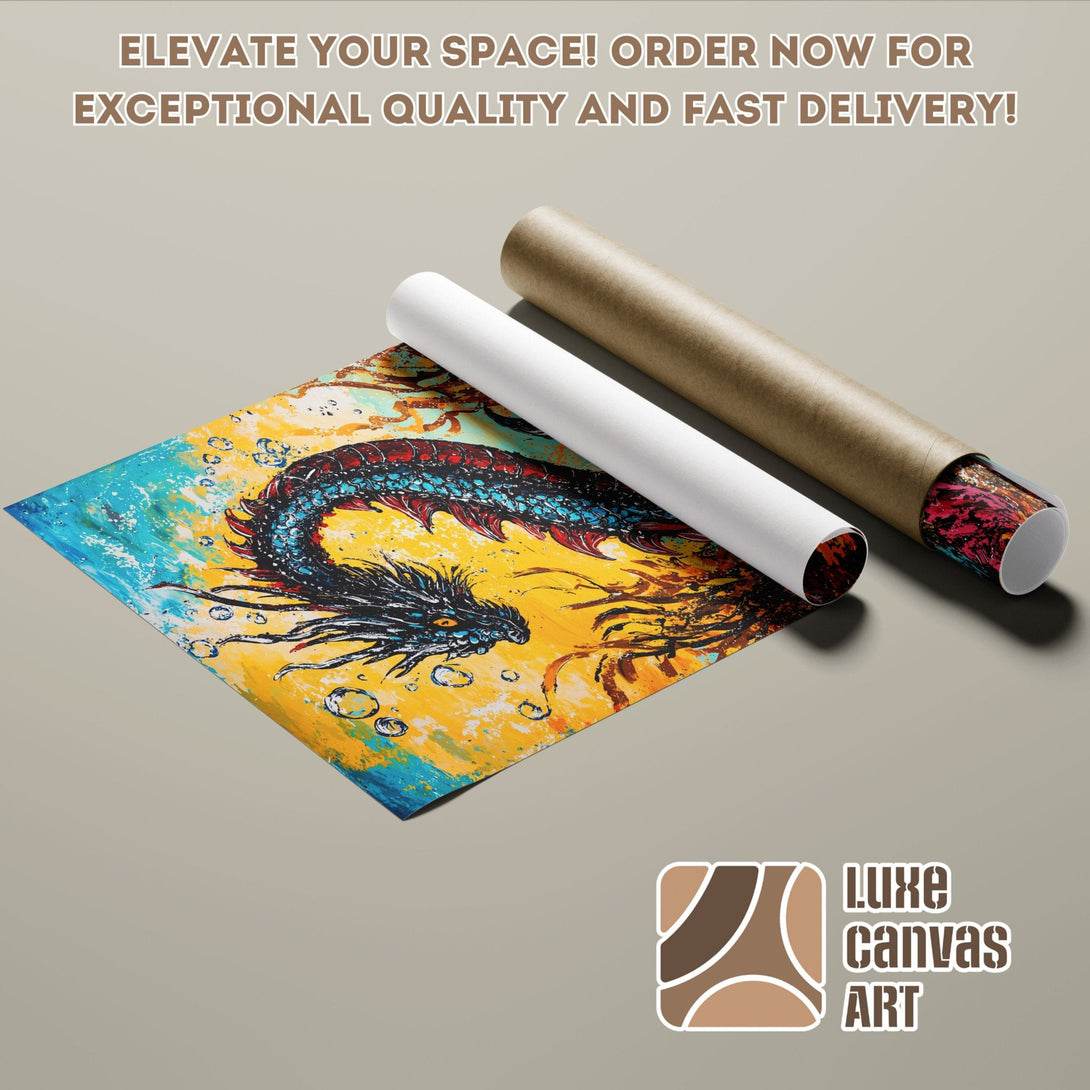 Abstract dragon Poster Roll art, vibrant yellow, blue, and red color palette. Elevate your space!