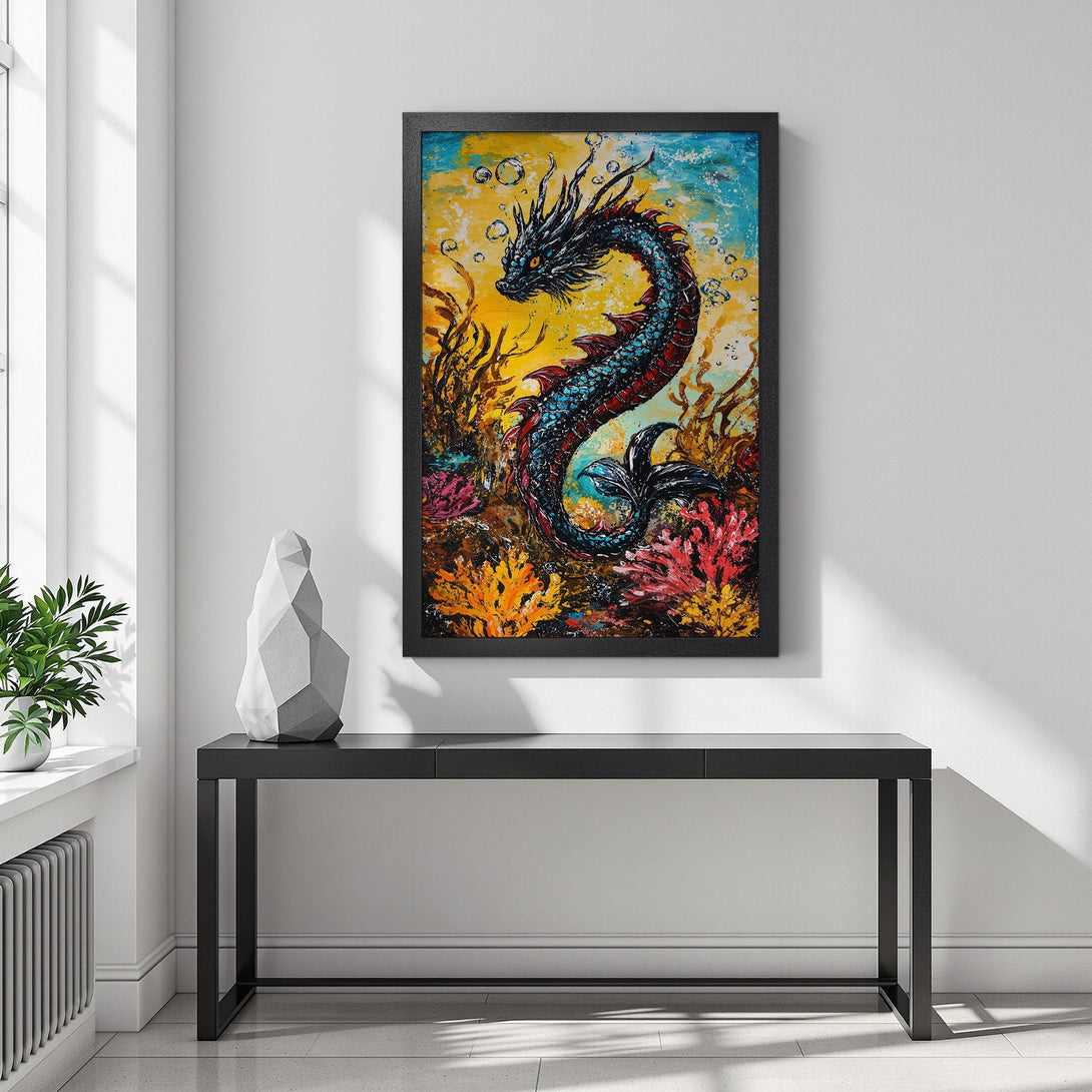 Framed Poster featuring a vibrant dragon in an underwater scene. Bold blues, yellows, and reds create a stunning art piece. Perfect wall decor!