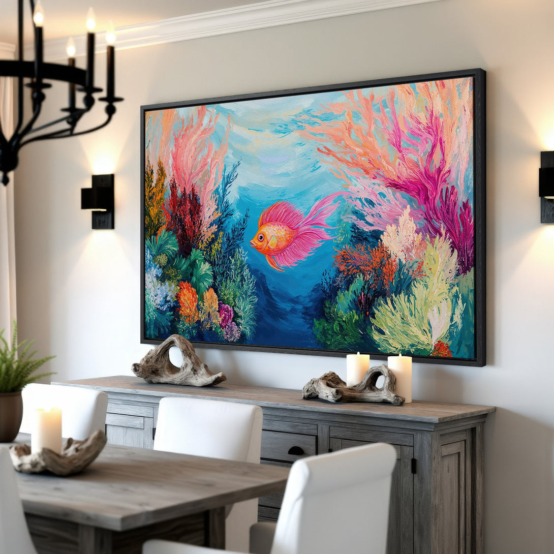 Framed Wall Art: Colorful fish painting in vibrant pinks, oranges, and blues. Modern abstract style, perfect for adding a pop of color to your home decor.