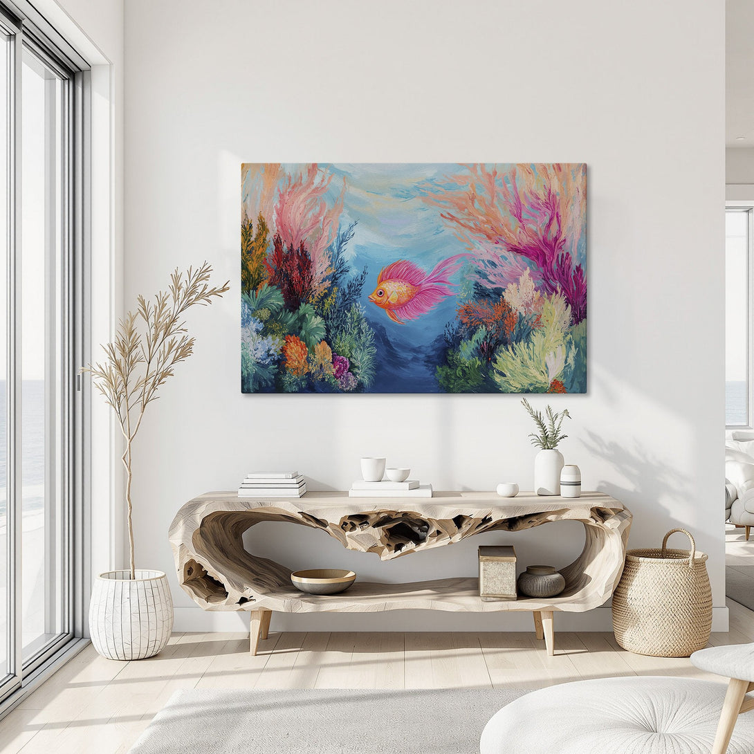 Framed Wall Art: Vibrant fish painting in a colorful coral reef scene. Modern art with a pink, blue, and orange palette, perfect for coastal decor.