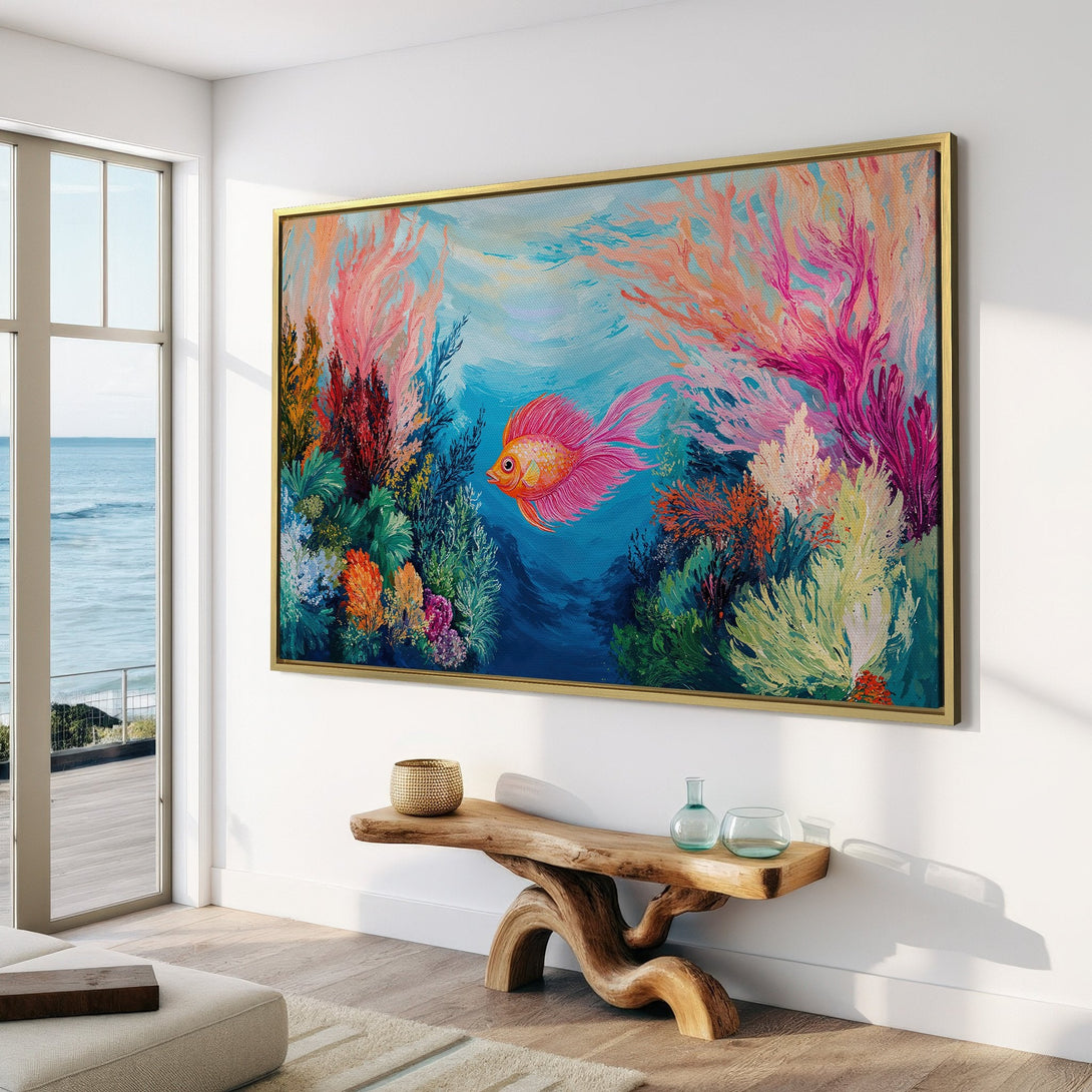 Canvas Print of a vibrant, impressionistic fish painting in a coastal interior. Features a colorful coral reef and a palette of pinks, blues, and oranges.