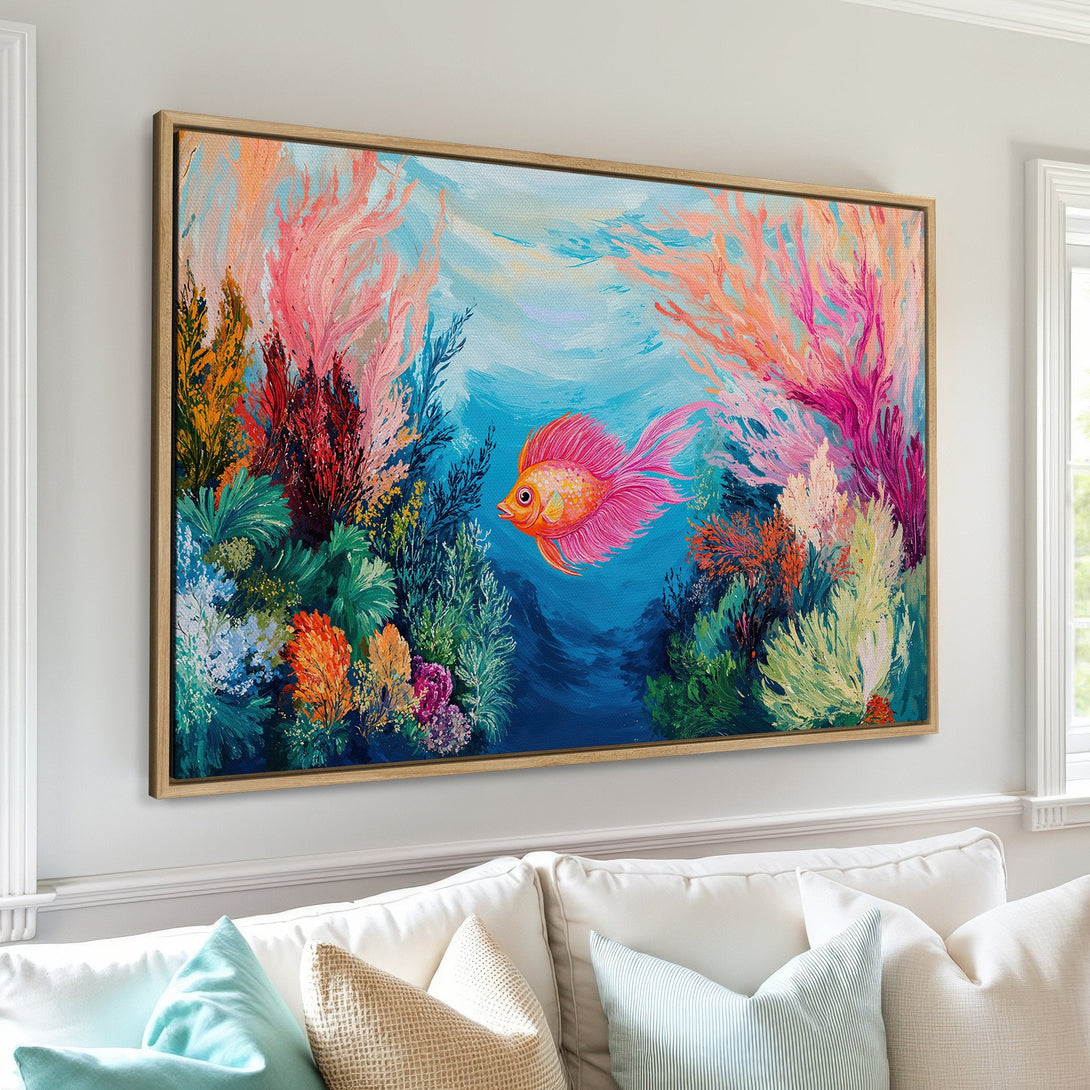 Framed Wall Art: Colorful abstract fish painting in vibrant pinks, blues, and oranges. Perfect for adding a pop of color to any room!