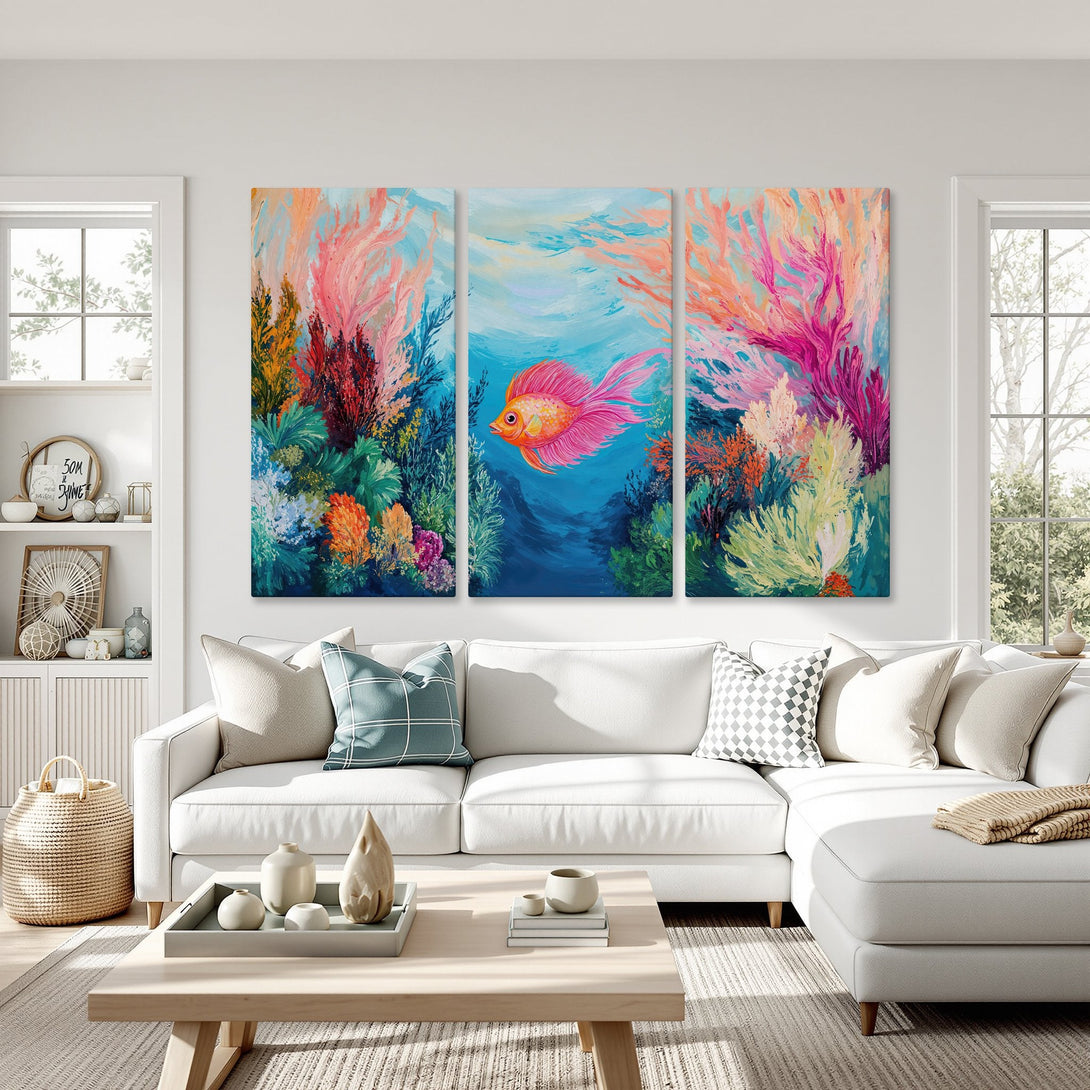 Vibrant Canvas Print of a colorful fish swimming in an ocean scene. Artistic style with pink, blue, and coral tones. Perfect wall art!