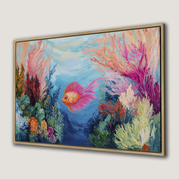 Framed Wall Art: Whimsical underwater scene with a pink fish. Impressionistic style, vibrant coral reef colors: pink, orange, blue, and green. Perfect wall decor!