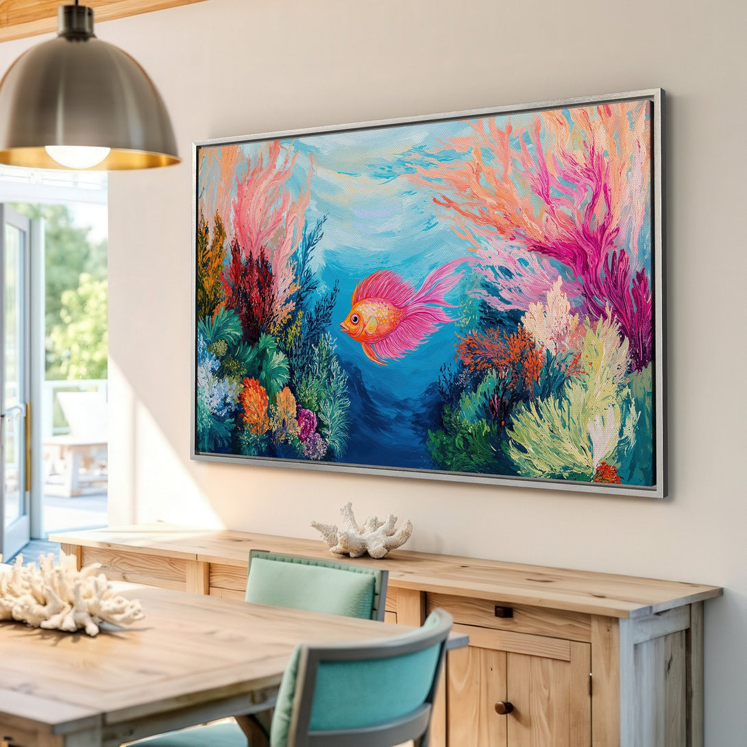 Framed Wall Art: Vibrant underwater scene Canvas Print with a colorful fish, coral, and blue/pink/orange palette. Perfect coastal decor.