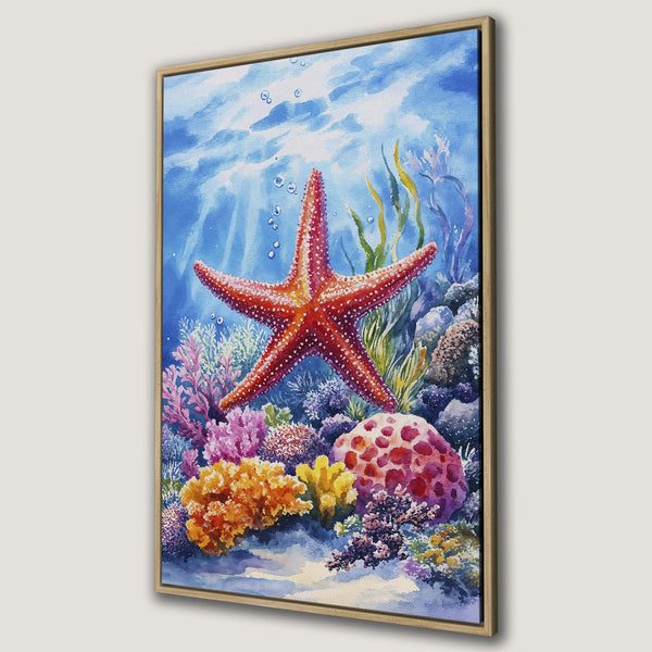 Framed Wall Art: Watercolor starfish and coral reef print. Vibrant blue, red, pink, and yellow hues. Perfect ocean-themed decor for your home.