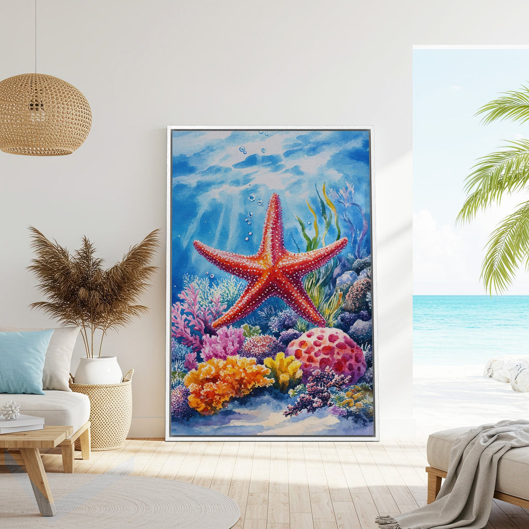 Framed Wall Art: Watercolor starfish print in a coastal interior. Vibrant blue, red, and coral hues create a serene, beachy vibe. Perfect for adding a pop of color!