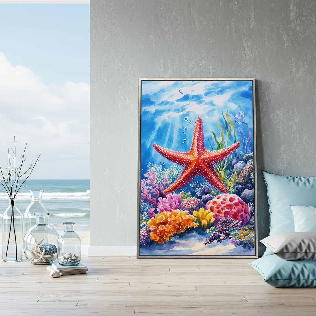 Framed Wall Art: Watercolor starfish and coral reef scene in vibrant blues, reds, and yellows. Coastal decor for a relaxing home.