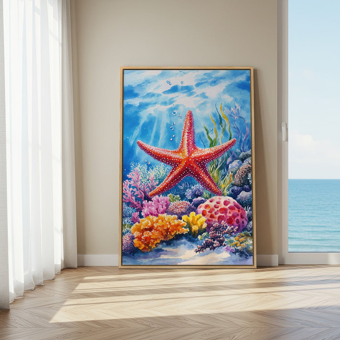 Framed Wall Art: Watercolor starfish art in vibrant blues, reds, and corals. Coastal-inspired canvas print adds a splash of ocean beauty to any space.