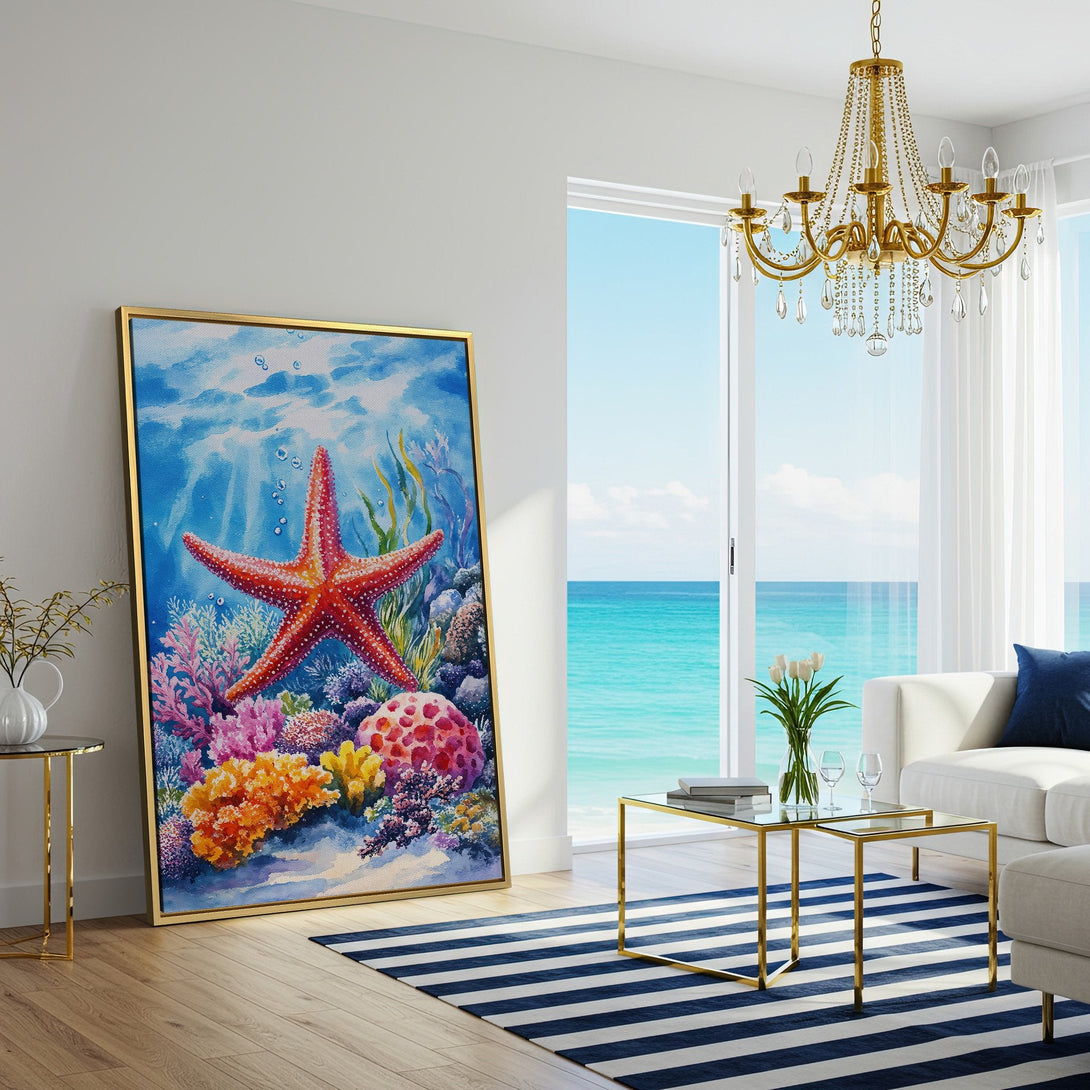 Canvas Print of a vibrant watercolor starfish scene in a bright blue and coral color palette, perfect for coastal decor.
